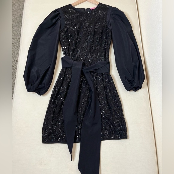 LDT Dresses & Skirts - LDT Black Dress Sequin Mini Puff Sleeve Tie Waist Cocktail Holiday Party Glam